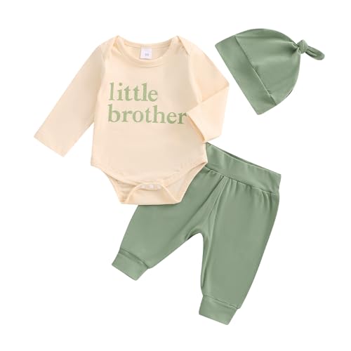 Image of Rarjuiey Newborn Baby Boys Summer Outfits Short Sleeve Little Brother Romper Tops Solid Color Pants Hat 3Pcs Clothes Set