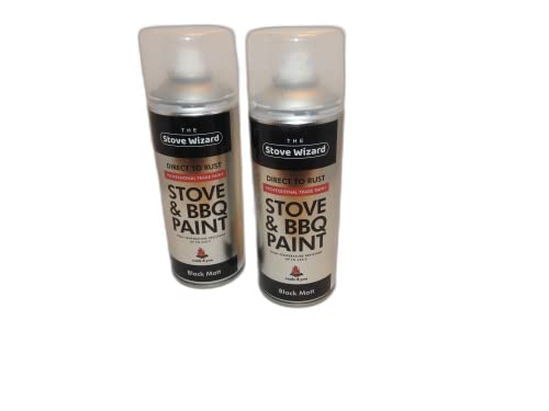 The Stove Wizard High Temperature Black Spray Paint for BBQs Stoves Chimineas Fire Screens Automotive Parts Up to 650C Heat Resistant Aerosol 2x400ml Professional Trade Quality Made in UK