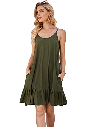 BUENOS NINOS Women's V Neck Floral Summer Dress Boho Printed Adjustable Spaghetti Strap Beach Short Dress with Pockets XXL, Army Green