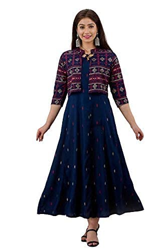 CelebravoWomen Rayon Stylish Printed Anarkali Kurta with Detachable Jacket