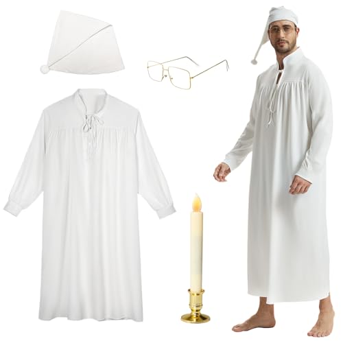 NFAUEIK 4 Pcs Mens Funny Pajama Set Halloween Cosplay Costume with Mens Nightgown Sleeping Cap Glasses Candle Holder with Candle (White XL)