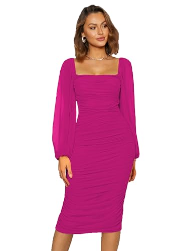 Plustrong Women's Mesh Ruched Bodycon Midi Dress Long Sleeve Elegant Evening Party Cocktail Dresses, Rose Pink, M