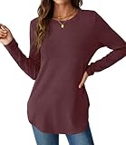 NORACORA Camicetta da donna a maniche lunghe con scollo rotondo e spacco laterale basic allentato tunica top casual 2025 magliette alla moda camicetta, Vino rosso, XX-Large