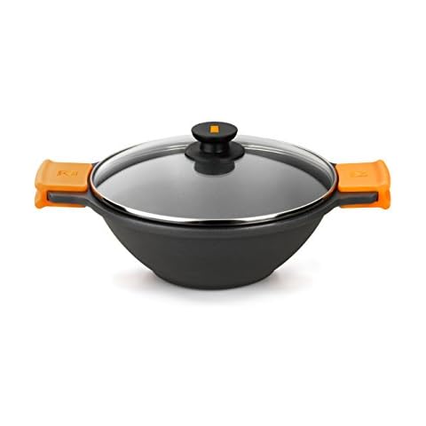 BRA Sartén Wok Cacerola cóncava con Tapa de Cristal Cover