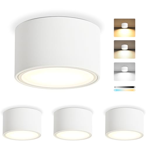 KYOTECH LED Aufbauspots Dimmbar Ø95x55mm Deckenspots Weiß inkl. 7W 800LM GX53 LED Modul 230V 2700K/4000K/6500K Deckenstrahler Aufputz Spots Aufbaustrahler Rund für Schlafzimmer Wohnzimme 4 Stück
