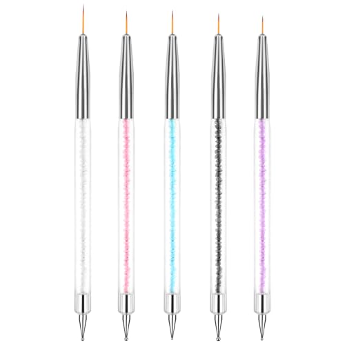 Doubel Ended Nail Art Brushes, 5PCS Nail Design Brushes, Point Drill Drawing Painting Tools Set, Dotting Pen Tools, Drill-Drawing Liner Nails Brush Pen for DIY nails-art Designs (5 Colors)
