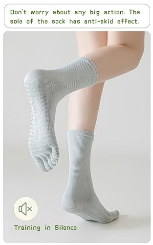 5 Pairs Women's Mid Calf Yoga Socks Non Slip Five Toe Medium Cushion Cotton, Dot Rubber Sole for Pilates, Dance, Barre, Gym Girl's Barefoot Soft Boot Socks4