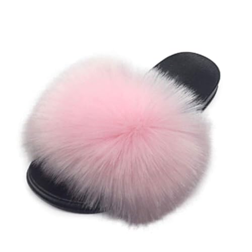 Image of Women's Faux Fur Slides Slippers Fluffy Fuzzy Sandals Open Toe Furry Slide Flip Flop Indoor Outdoor