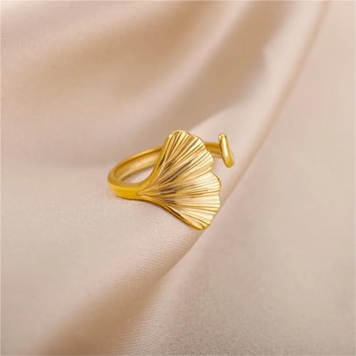 Anillos ginkgo de acero inoxidable para mujer sortija ajustable 7
