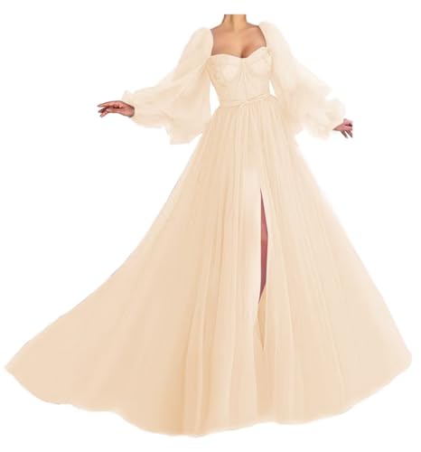 Puffy Sleeve Prom Dress Sweetheart Tulle Ball Gown Slit Formal Evening Gowns Princess Wedding Dresses