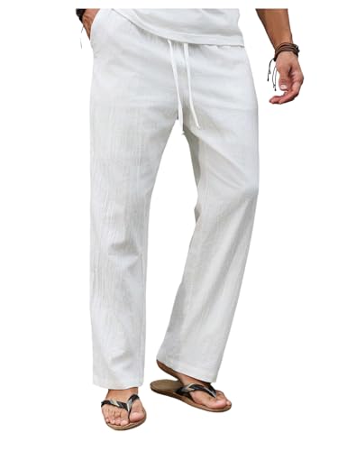 Men's Straight Wide Leg Casual Linen Pants Drawstring Waist Vacation Boho Trousers with Pockets