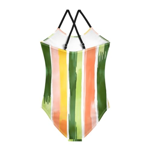 Vertical Stripes Green Pink Childrens Bathing Suits Girls, Summer Beach Swimwear, 3-102