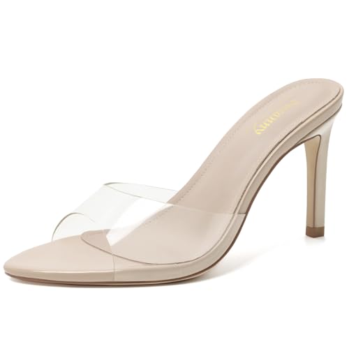 Susanny Women's Sandals Heels Mule High Heels Pointed Open Toe Sandals Sexy Slip on Heeled Summer Casual Wedding Prom Party Comfortable Dressy Shoes, Cream Nude Clear, 5 UK