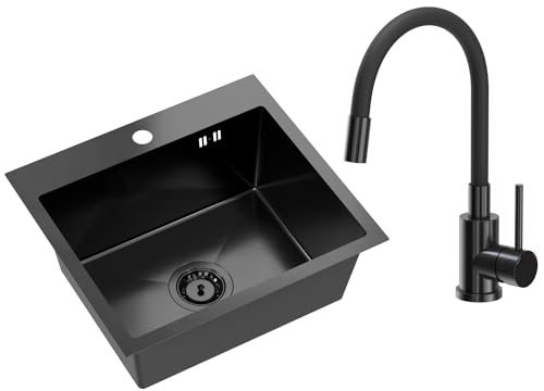 VBChome Edelstahlspüle mit Armatur 50 x 45 cm Schwarz Edelstahl Einbauspüle mit Hahnloch Küchenspüle Groß Becken Ablaufgarnitur Siphon Edelstahlspüle Schwarz PVD Armatur mit Flexiblem Auslauf