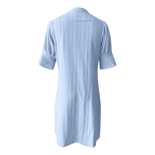 Women's V Neck Half Sleeve Solid Color Pleated Dress Shirt Dress A Line4