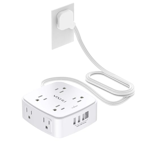 6 Ft Surge Protector Power Strip - YISHU 8 Widely Outlets with 4 USB Ports 3 Side Outlet Extender with 6 Feet Flat Extension Cord Ultra Flat Plug Wall Mount Desk USB Charging Station ETL White