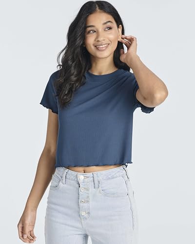 Real Essentials 4 Pack:Women's Lettuce Trim Ribbed Knit Short Sleeve Crop Tops Shirts Casual Summer Going Out T-Shirts2