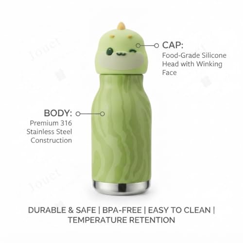 Image of JOUET 450ml Stainless Steel Kids Water Bottle with Cute Dinosaur Character Lid, Leakproof Drinking Bottle for School, Travel, Sports & Everyday Use