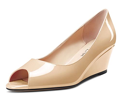 HEUIVZAR Women Wedge Pumps Open Peep Toe Mid Low Heel Slip-on Patent Dress Shoes Classic 2 Inch