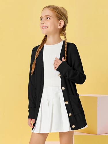 Image of Girls Cardigans Kids Fashion Open Front Long Sleeve Knit Sweaters Outerwear with Pockets 5-14 Years Black