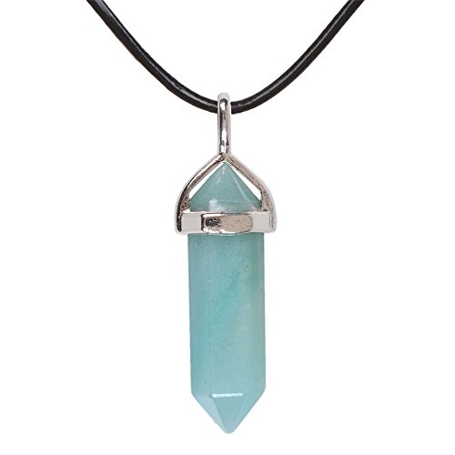 Justinstones Natural Blue Amazonite Gemstone Hexagonal Pointed Reiki Chakra Pendant Genuine Leather Necklace 18 Inch