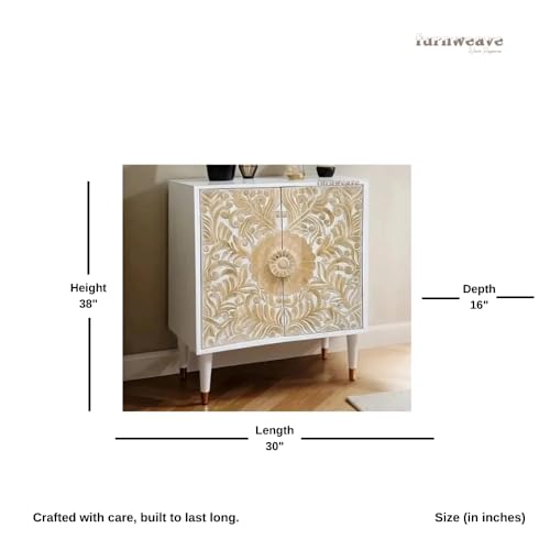 Image of Aerka Wooden Sideboard Cabinet for Living Room | Handcrafted Wooden Cabinet for Storage with Carved Doors | Cabinet for Home | Wooden Storage Furniture for Home | White Distress