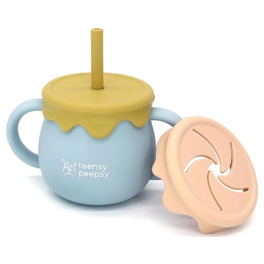 teensy peepsy Honey Pot 2-in-1 Silicone Training Cup 8.5oz, Baby Sippy Cup with Straw & Snack Cup for 6 months+ Straw Cup for Baby Boy Gift, Toddler Smoothie Cup (Honey Jar Blue)
