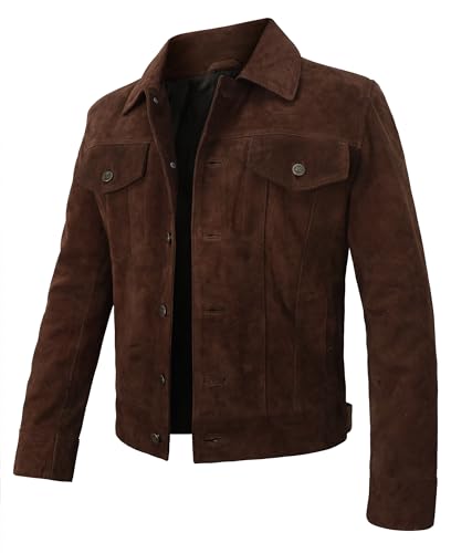 Image of Suede Leather Trucker Jacket Men - Mens Western Style Cowboy Suede Leather Coat - Vintage Motorcycle Jacket