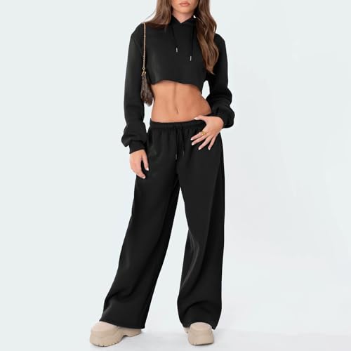 Felcia Women's Casual Joggers Sweatpants Drawstring High Waist Wide Leg Trousers Baggy Athletic Sweatpants (A-Black, L) - Image 2