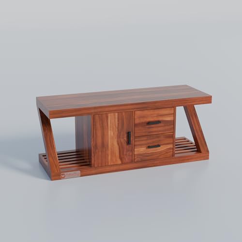 Image of DRIFTINGWOOD Zenith Modern Z-Shape TV Console for Up to 50 Inch TV, Solid Sheesham Wood Media Stand with 3 Storage Compartments (1 Cabinet, 2 Drawers), Honey Finish