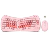 Cute Wireless Keyboard and Mouse Combo, Cat Theme, Ergonomic Split Keyboard and 3 DPI Level Optical Mouse, 65% Compact Keyboard, 2.4G USB Receiver, for Windows/Mac/PC/Laptop