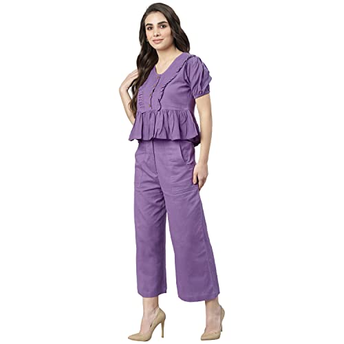 Image of DEEBACO Women's Solid Calf Length Top with Trouser|V-Neck|Short Sleeve|Cord Set for Women Cotton|Jumpsuits Western Dress for Women Stylish|Two Piece Co ord Set|Party Casual Wear(Aqua Blue)