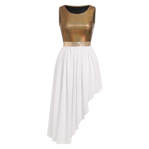ABEHIK Damen Lob Tanzkleid Metallic Pailletten Farbblock Kleider Overlay Liturgische Lyrische Tanzkleidung Anbetung Kostüm, Gold, Klein