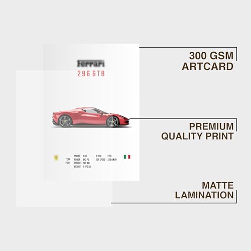 Image of CodersParadise Sports Car 296 GTB Wall Poster Frames | Aesthetic A4 Framed Wall Art for Home, Living Room, Bedroom & Office | Racing Car Theme Hanging Posters | Decorative Artwork Frames