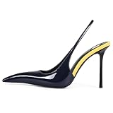 Aorikro Slingback Heels for Women Pointed Close Toe Two Tone Stiletto High Heels Backless Patent Leather Elastic Strap Heeled Sandals Dress Pumps Blue