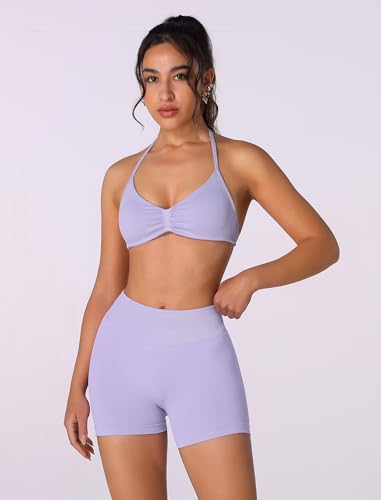 Image of ABOCIW Womens Seamless Workout Sets 2 Piece Strappy Halter Sports Bra Scrunch Butt Shorts Gym Yoga Outfits