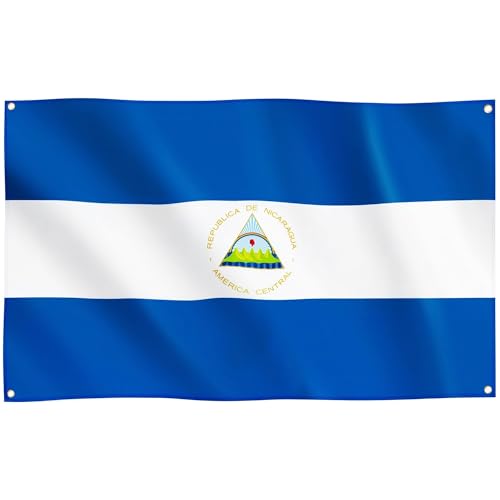 Runesol Bandera de Nicaragua, 91x152cm, 3ft x 5ft, 4 Ojales, Ojal en Cada Esquina, Nica, República de Nicaragua, Día de la Revolución, Banderas Premium, Interior, Exterior, Colores Vivos