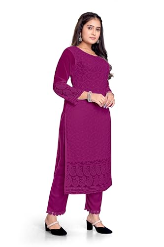 Image of IMPEX Hand Embroidered Chikankari Georgette Kurta for Women | Kurti | 3 /4th Sleeves | Round Neck | Ethnic Kurta | Ideal for Casual Wear, Festive, Wedding & Parties