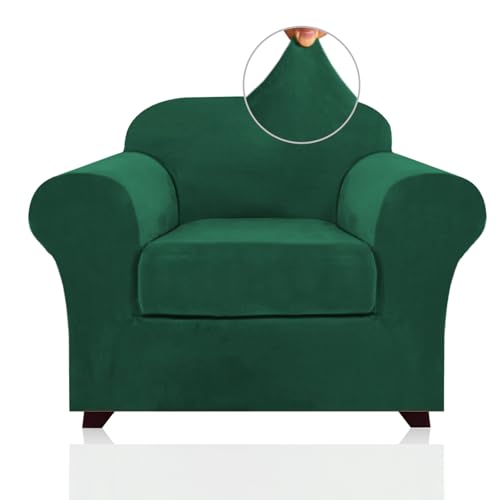 PrinceDeco 2 Piece Chair Cover Velvet Chair Slipcovers Soft Armchair Cover Furniture Protector with Arms Width Up to 49 Inch Chair Sofa Cover with Individual Cushion Covers(Small, Green)