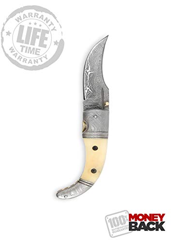 Perkin - Damascus Steel Folding Knife Camel Bone N Damascus Handle With Handmade Leather Pouch #TOP3