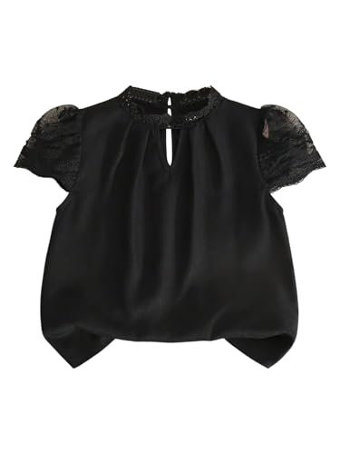 SweatyRocks Girl's Puff Short Sleeve Lace Blouse Mock Neck Pleated Cut Out Shirts