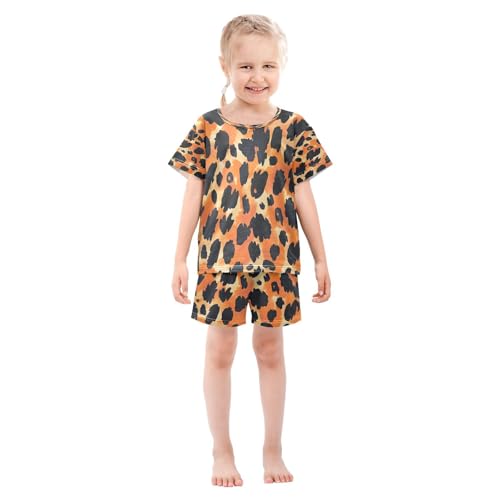 ALAZA Orange Spots Watercolor Leopard Pajamas Set Short Sleeve Cotton Sleepwear Summer Pjs 2 Piece 5-14Y3