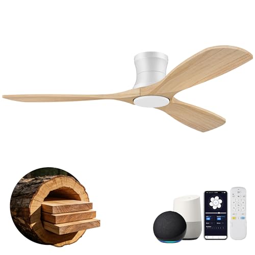52' Wood Smart Ceiling Fans with Lights Remote,Low Profile Flush Mount Ceiling Fan for Modern...