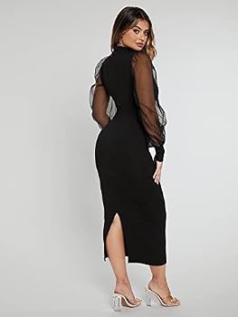 SheIn Women's Mock Neck Mesh Bishop Long Sleeve Maxi Bodycon Dress Black  Small : Buy Online at Best Price in KSA