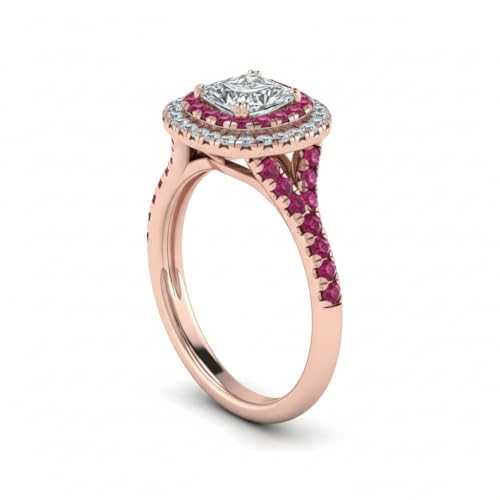 Image of Choose Your Gemstone Delicate Double Halo Diamond CZ Ring Rose Gold Plated Princess Shape Halo Engagement Rings Matching Jewelry Wedding Jewelry Easy to Wear Gifts US Size 4 to 12
