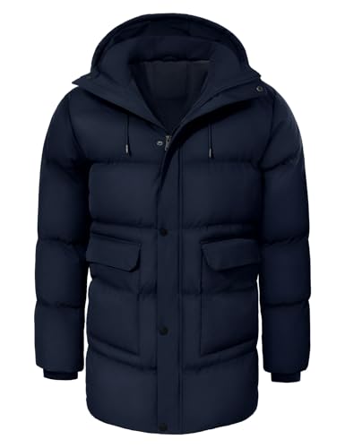 heekpek Veste Homme à Capuche Manteau Homme Hiver Blouson Chaude Hydrofuge Longue Parka Manteaux Matelassée en Coton Vestes de Randonnée Ski, Bleu marine, L