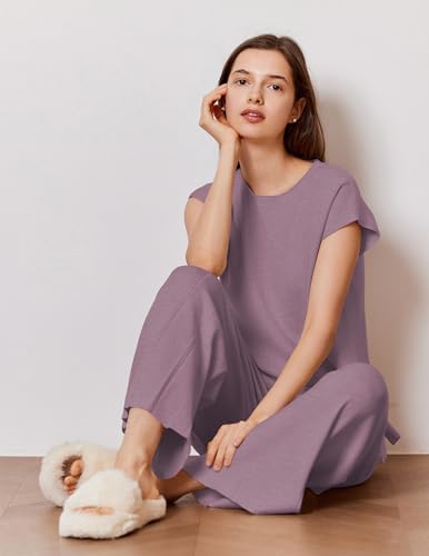 Image of Ekouaer Lounge Sets for Women Two Piece Outfits Knit Cap Sleeve Tops Wide Leg Pleated Pants Casual Dressy Sweater Sets