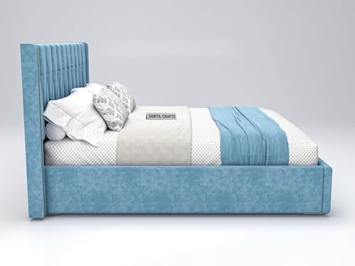 Image of Modern Upholstered King Size Bed with Box Storage for Bedroom | Wooden Double Bed with Storage | Platform Cot Bed with Upholstery Premium Fabric | Sheesham Solid Wood, (Blue), 6.5 x 6 Ft