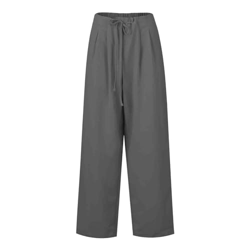 Linen Pants Women Summer Ruffle High Waisted Plus Size Wide Leg Pants Baggy Lounge Trousers with Pockets S-5Xl4