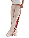 Hongsui Women's Wide Leg Pants Drawstring High Rise Side Striped Slouchy Palazzo Pants with Pockets (Beige-L)